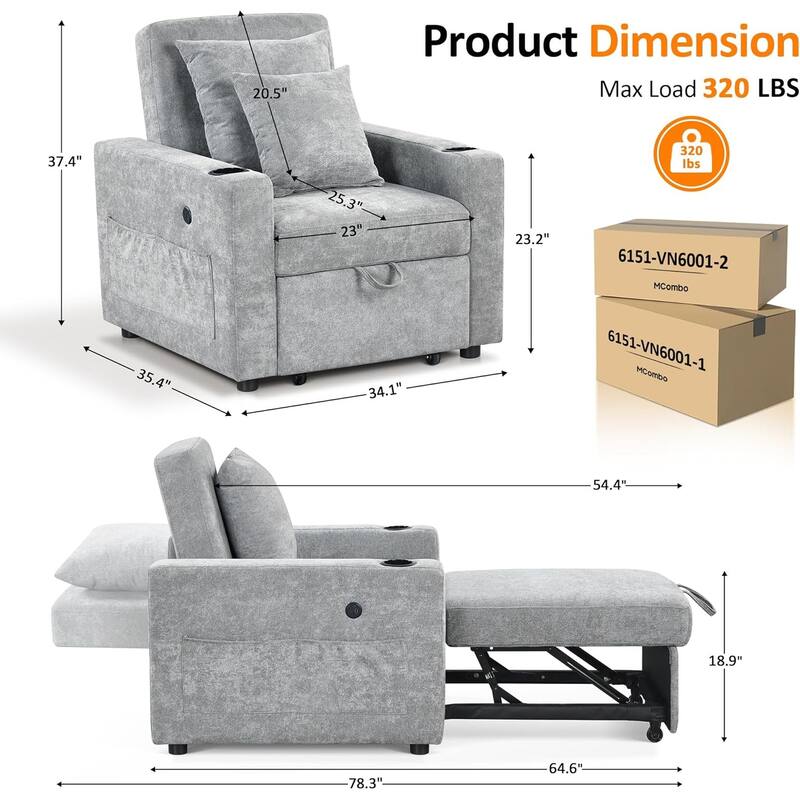 MCombo 3 in 1 Convertible Sleeper Sofa Bed, Pull Out Couch with Adjustable Backrest, Upholstered Recliner Chair VN6001