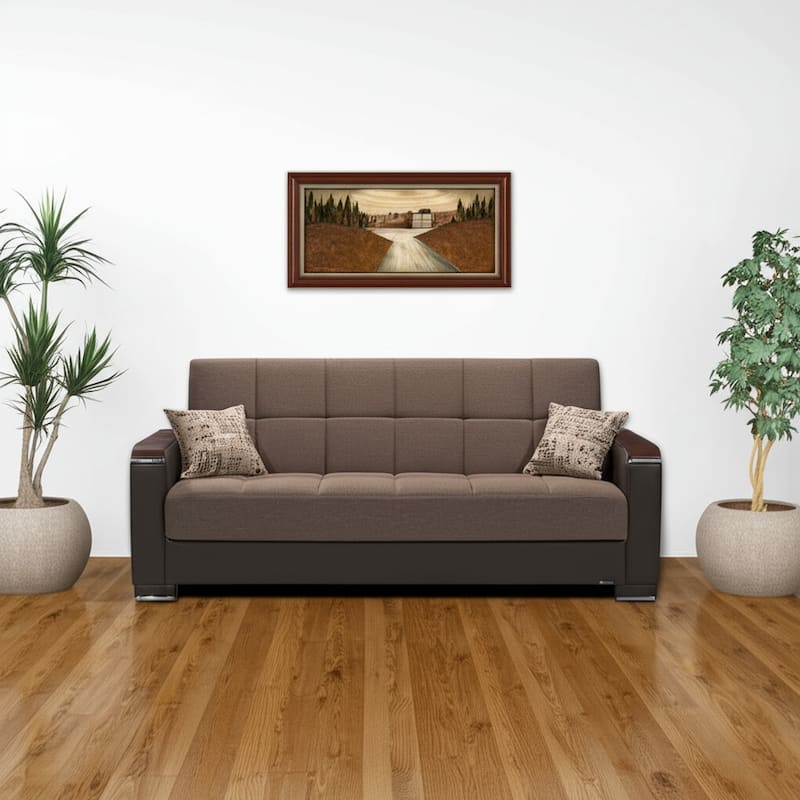 HomeRoots 87" Brown Chenille And Faux Leather Convertible Futon Sleeper Sofa And Toss Pillows With Storage - Brown