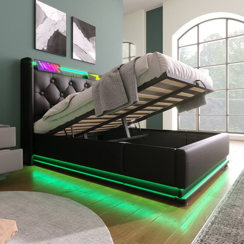 Black Twin Size Upholstered Bed with 360 LED Function & USB Charging