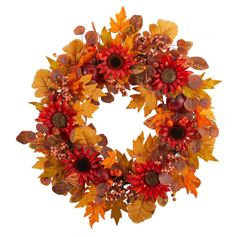 Sunflower and Berries Artificial Fall Harvest Wreath - 30" - Unlit