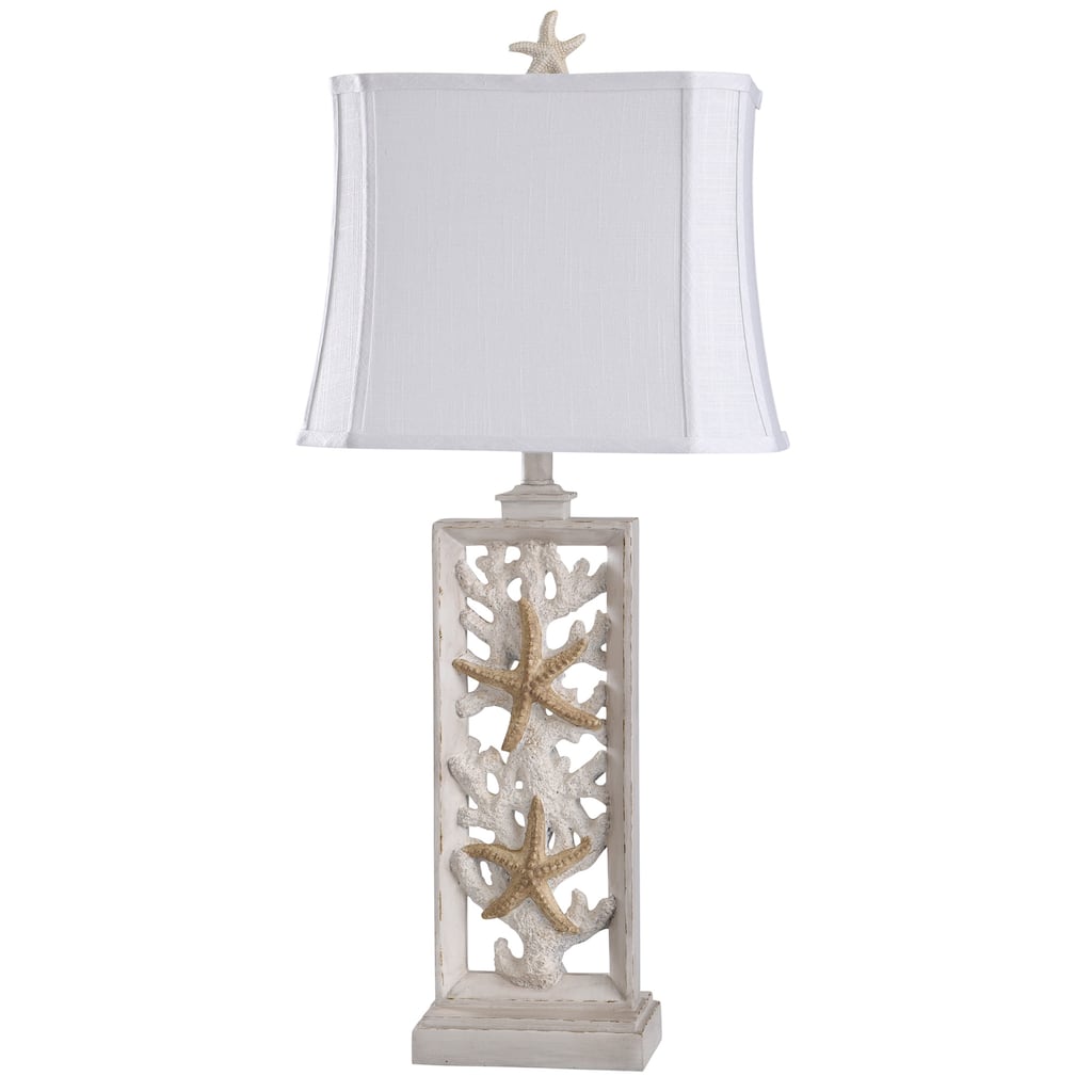 StyleCraft South Cove Coastal Cast Table Lamp - Weathered Cream Finish - White Fabric Shade
