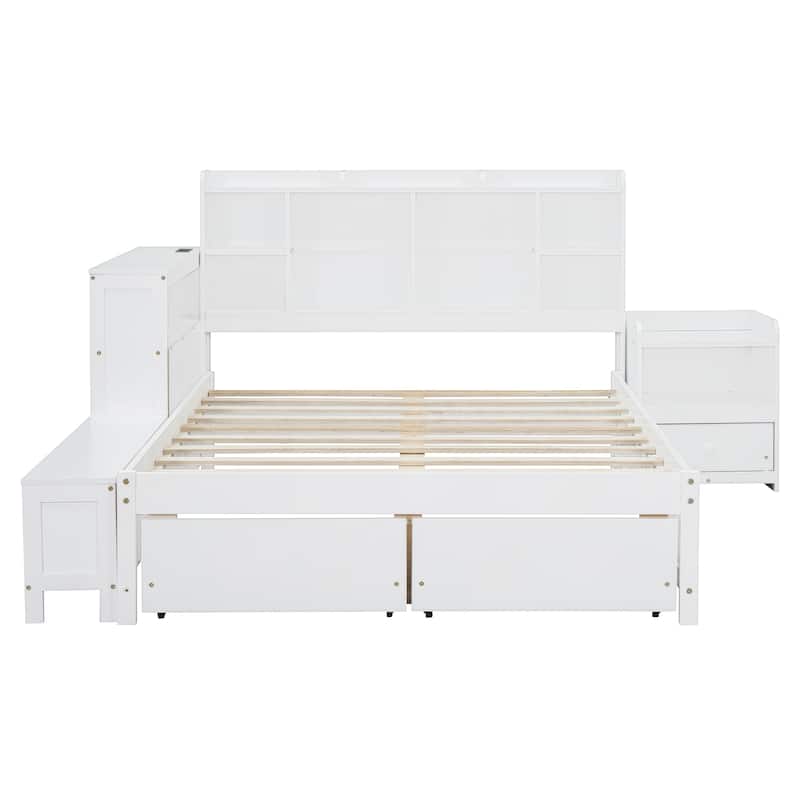 Solid Pine Full Bed Frame, Full Size Wooden Platform Bed with Storage Headboard, 2 Drawers, Nightstand, Desk and USB Ports