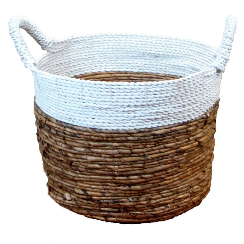 13" White Gray Beige Seagrass Raffia Basket Genuine Human Touch