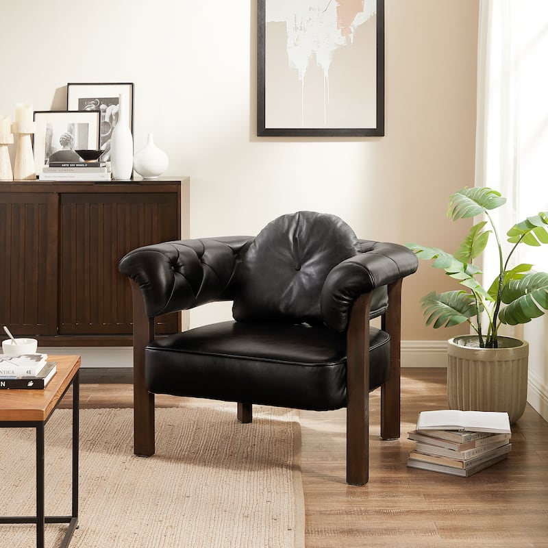 Art Leon Mid-century Top Grain Leather and Wood Accent Chair