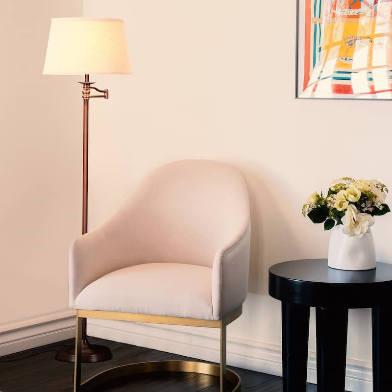Brightech Caden 62 in. Oil Brushed Bronze Mid-Century Modern Extendable LED Floor Lamp with Beige Fabric Drum Shade