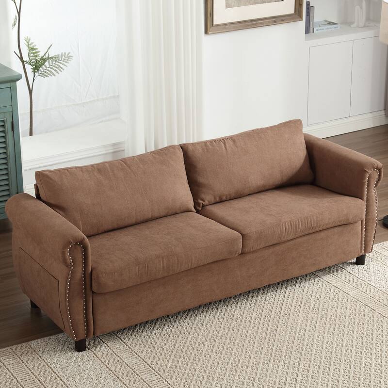 63″ Polyester 3-Seater Sleeper Sofa with Pull-Out Mattress & Retro Rivet Arms