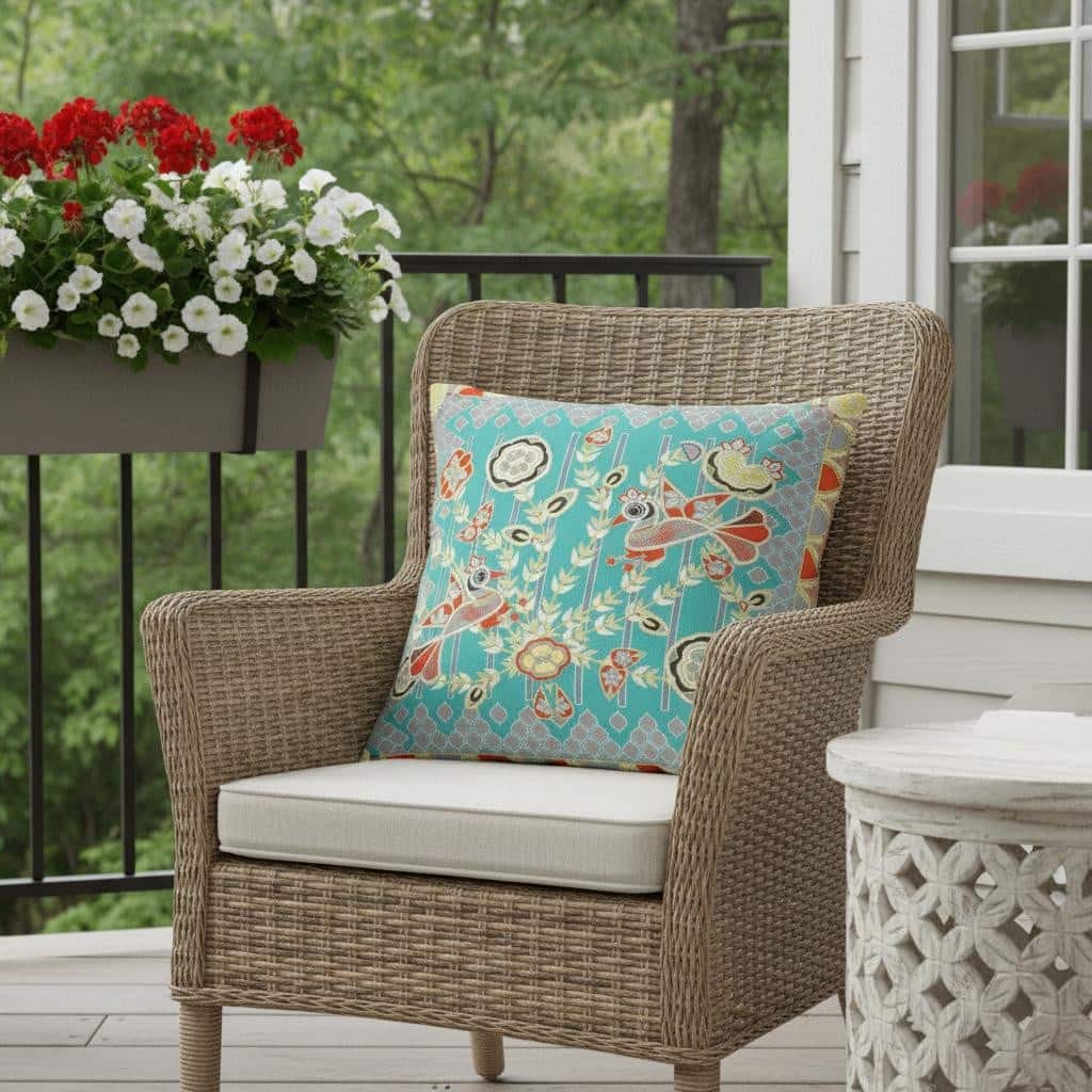 HomeRoots 26" x 26" Light Blue Peacock Blown Seam Floral Indoor Outdoor Throw Pillow - 26.00' X '5.00' X '26.00