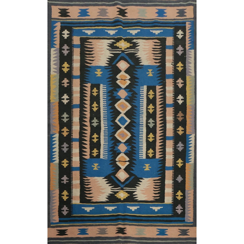 Hand Woven Oriental 100% Wool Carpet Southwestern Tribal Navy Blue & Blues Kilim Area Rug - 6' 9'' X 4' 6''