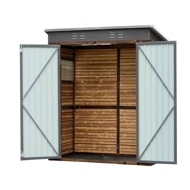 3x5FT Iron-Wood Combination Tool Shed, Stylish Cedarwood with Waterproof Paint, Dark Gray Iron Doors and Roof
