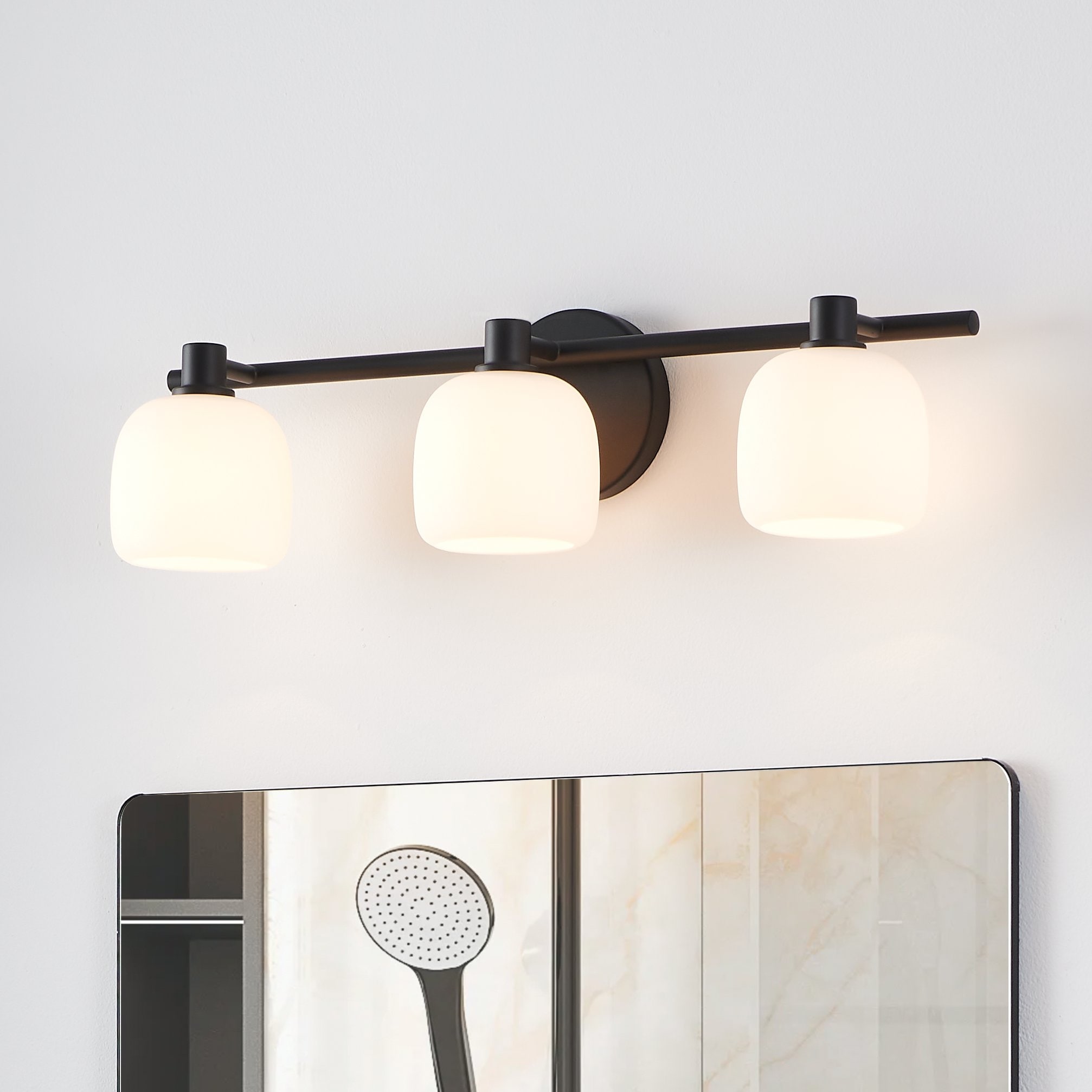 Thesis Valentina 24-inch 3-light Matte Black Vanity Light with Etched Opal Glass Shades