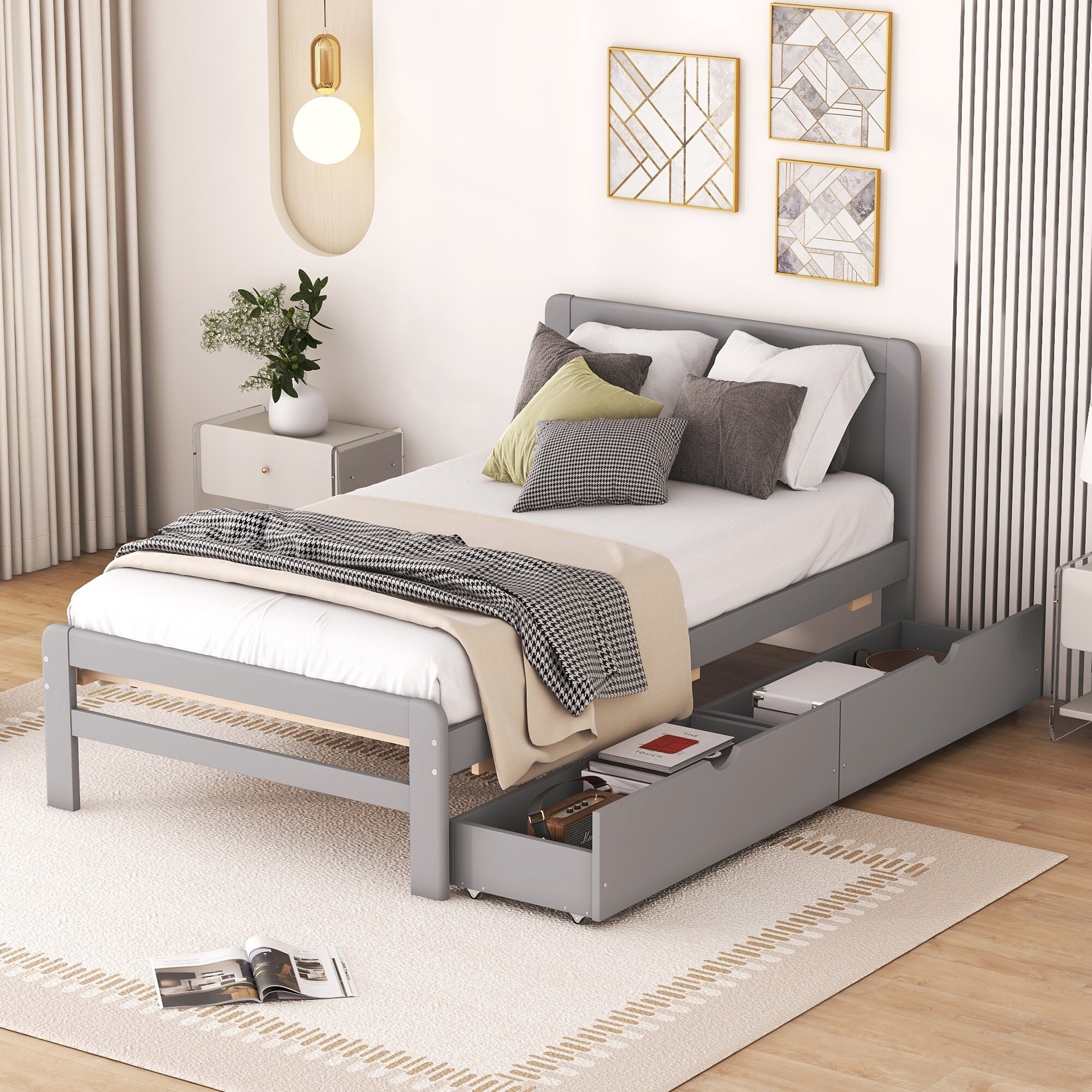 Modern Clean Design Twin Size Platform Bed Frame with 2 Drawers