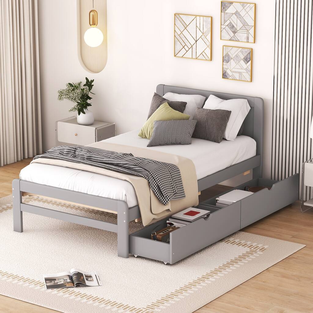 Modern Design Twin Size Platform Bed Frame with 2 Drawers, Grey