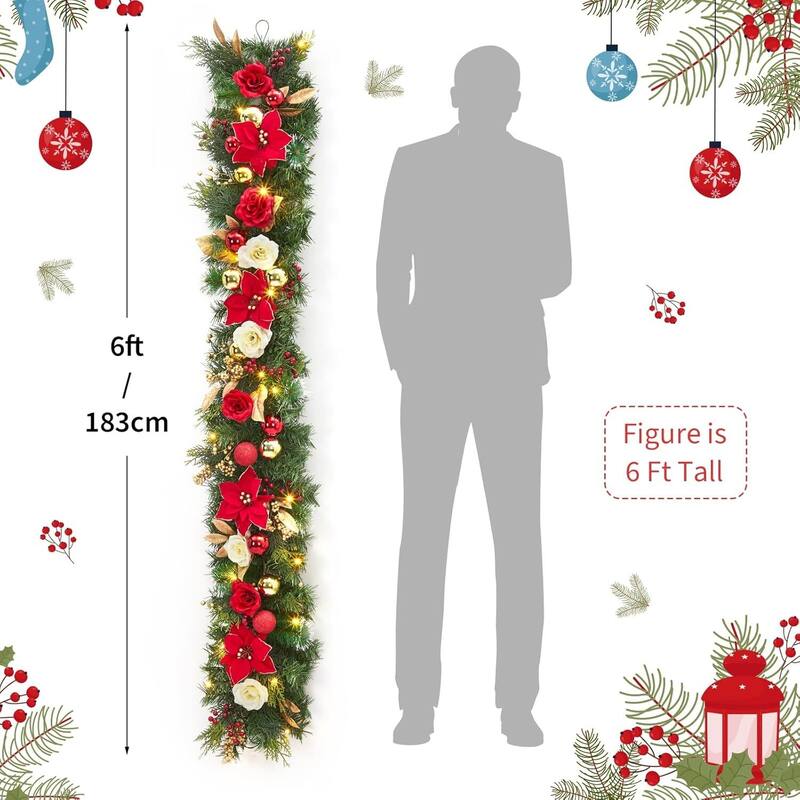 6FT Christmas Garland with Lights for Indoor Outdoor Holiday Decor - N/A
