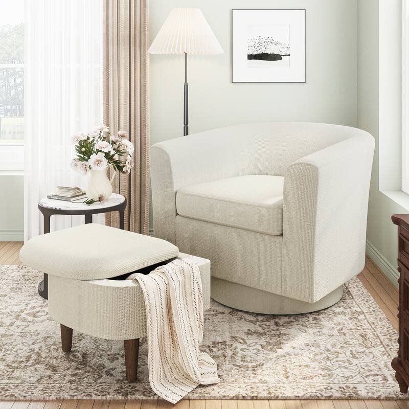 Swivel Barrel Chair & Ottoman with Storage - Upholstered Accent Chair for Living Room Bedroom Office
