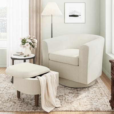 Swivel Barrel Chair & Ottoman with Storage - Upholstered Accent Chair for Living Room Bedroom Office
