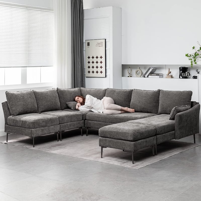 EROMMY U Shaped 6-seat Sectional Sofa Couch, Reversible Sleeper in Modern Chenille Design, with Chaise Lounge and Ottoman