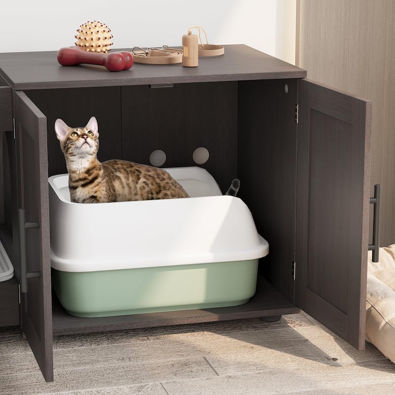 Large Cat Litter Box Furniture with Double Rooms and Barn Doors