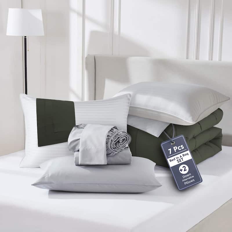 Emperyan Reversible Comforter Set Bed in a Bag with Down Alternative Pillow - King - King/Olive Green