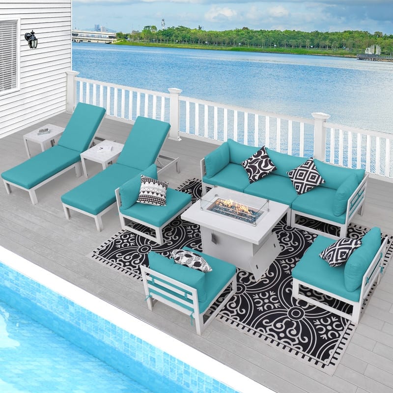 FINCATI 11-piece Oversized Patio Aluminum Sectional Deep Seating Conversation Sofa Set with Lounge Chaises - Teal