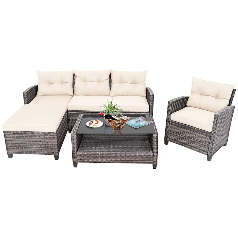 Costway 4PCS Patio Rattan Furniture Set Sofa Ottoman Cushion Garden - See Details