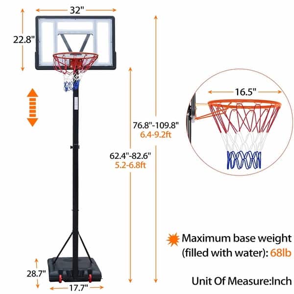 Outdoor Portable Adjustable Basketball Hoop Stand with Backboard, Wheels - 5.2 FT to 6.8FT