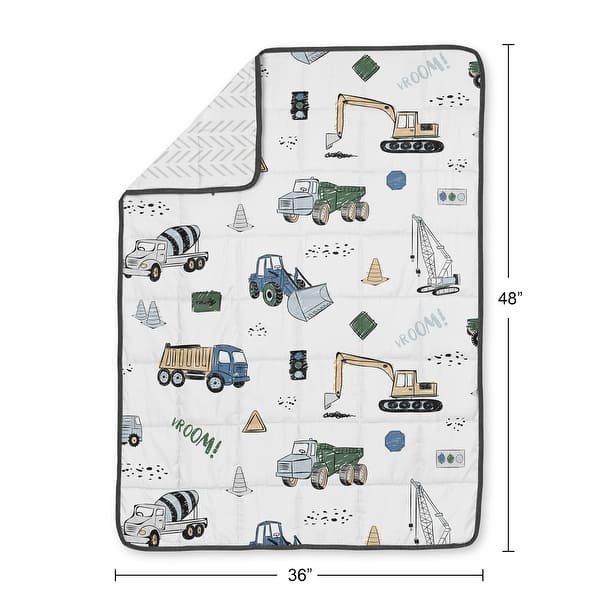 Sweet Jojo Designs Construction Truck Boy Toddler Weighted Blanket 5lbs for Kids - White/Grey Tire Track & Green, Blue Vehicles