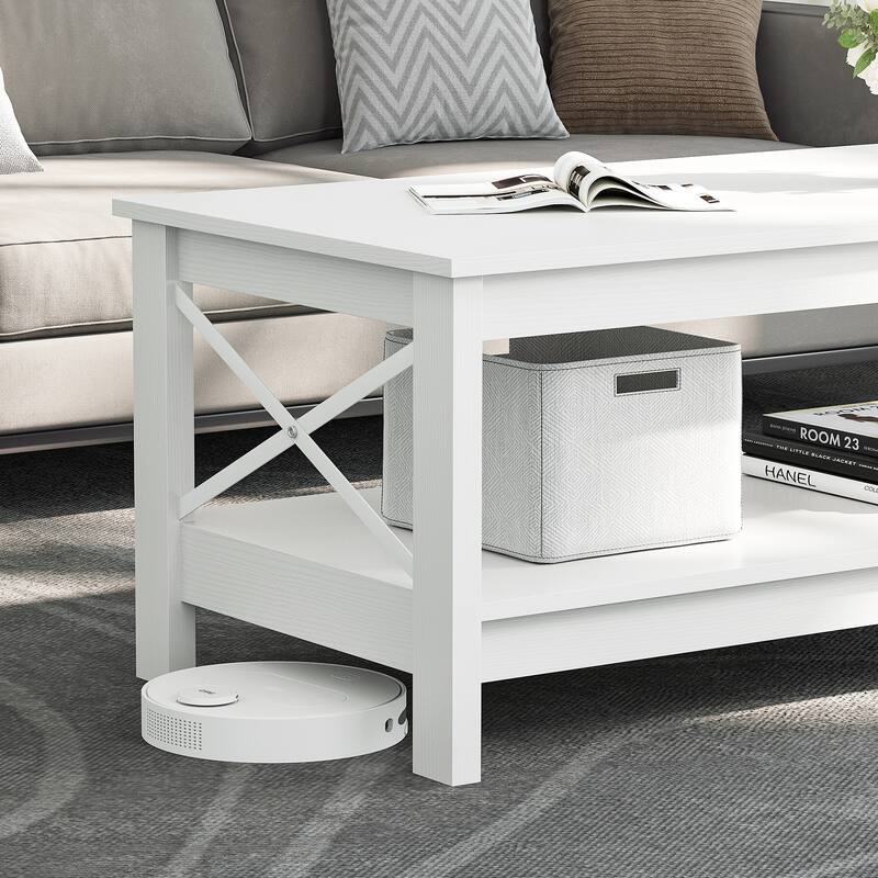 Farmhouse Wood Accent Coffee Table with Large Storage Shelf