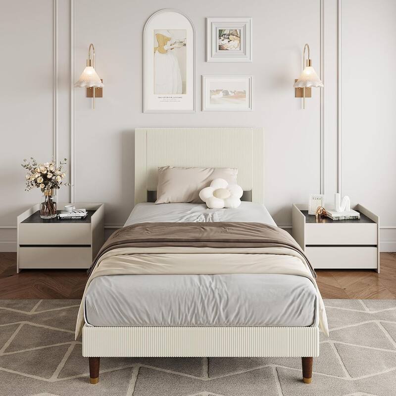 Bed Frame with Headboard, Corduroy Upholstered Platform Bed with Wooden Slats Suppor