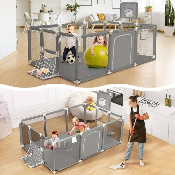 slide 2 of 8, Infant 71"x48" 4-Panel Baby Playpen Foldable Playard with Basketball Hoop Grey Grey