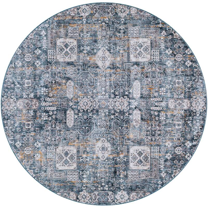Livabliss Traditional Cardiff Medallion Area Rug - 6'7" x 6'7" Round - Charcoal