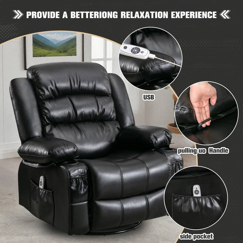Recliner Chair with Massage & Heat, PU Leather Swivel Recliner, Electric Recliner with Side Pocket 2 Cup Holders & USB Port