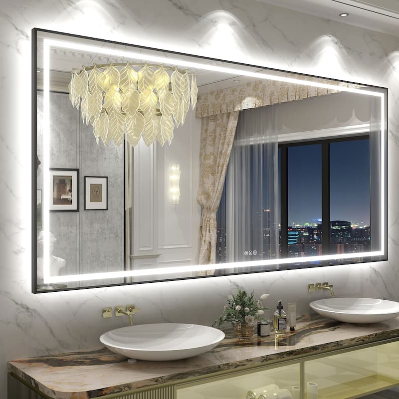 Black Metal Framed LED Front Light and Backlit Anti-Fog Wall Bathroom/ Vanity Mirror - 84" x 40"-Square Corner - Black