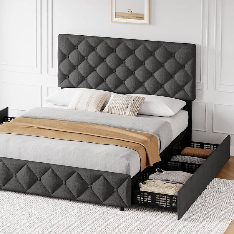Bed Frame with 4 Storage Drawers and Adjustable Headboard