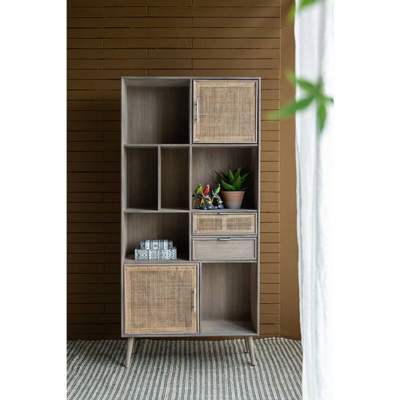 Modern Gray Cabinet with Woven Rattan Panels - Boho Storage Tower with Cubby Shelves for Any Room
