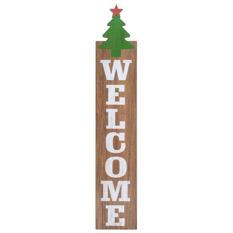 31.5" Green Christmas Tree and Red Star Tall Wooden Welcome Sign