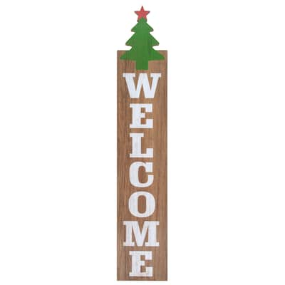 31.5" Green Christmas Tree and Red Star Tall Wooden Welcome Sign