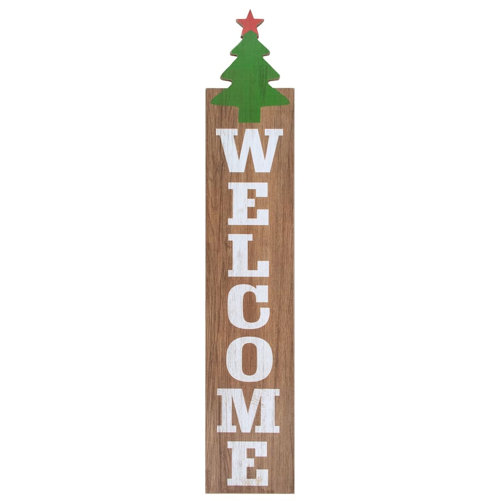 31.5" Green Christmas Tree and Red Star Tall Wooden Welcome Sign