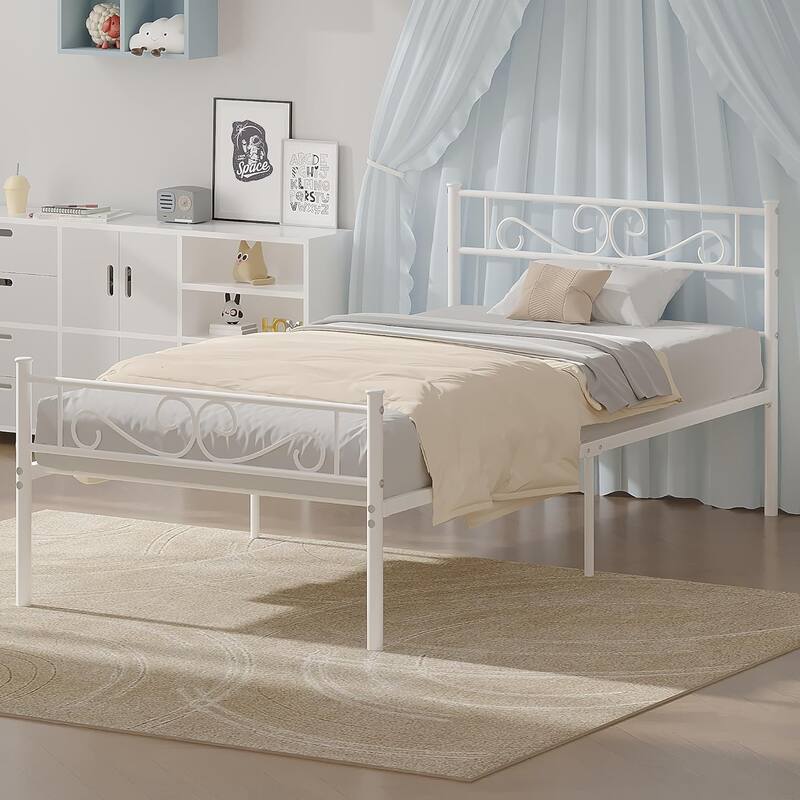 VECELO Twin Size Bed Frame Set of 2 with Headboard, 14 Inch Metal Platform Mattress Foundation Kids Bed Set of 2