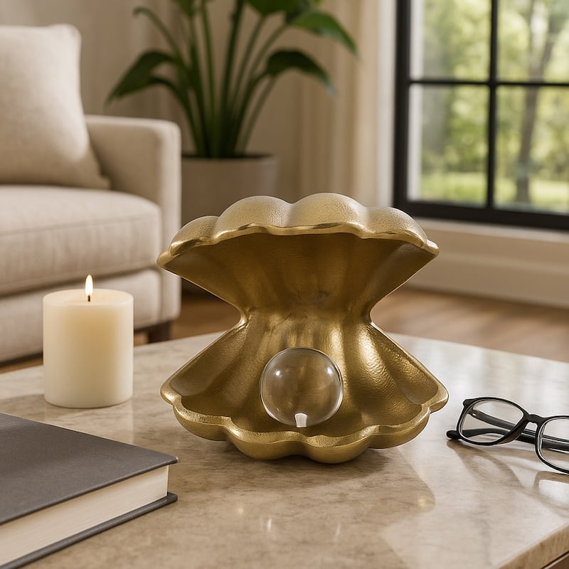 Metal Glass Figurine Clam Shape Pearl Detail Coastal Decor - 4.75"