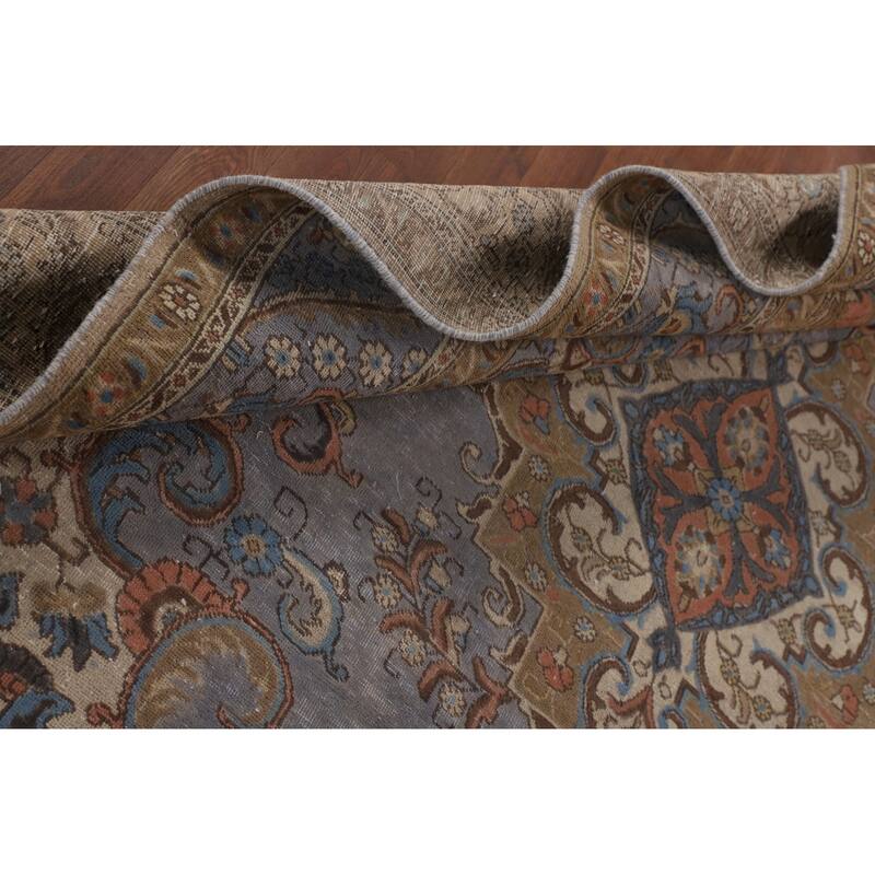 Blue Distressed Tabriz Persian Vintage Rug Hand-Knotted Wool Carpet - 7'4" x 10'3"