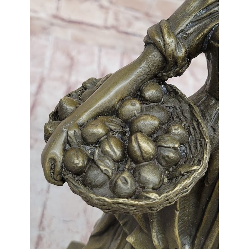 Girl Carrying Basket Of Fruit - Hot Cast Bronze Original Sculpture On Marble Base