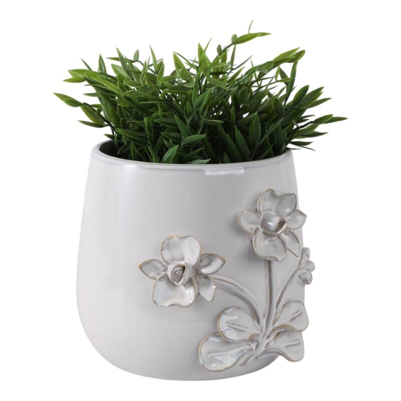 Decorative Ceramic Flower Planter with Flower Applique - Ivory