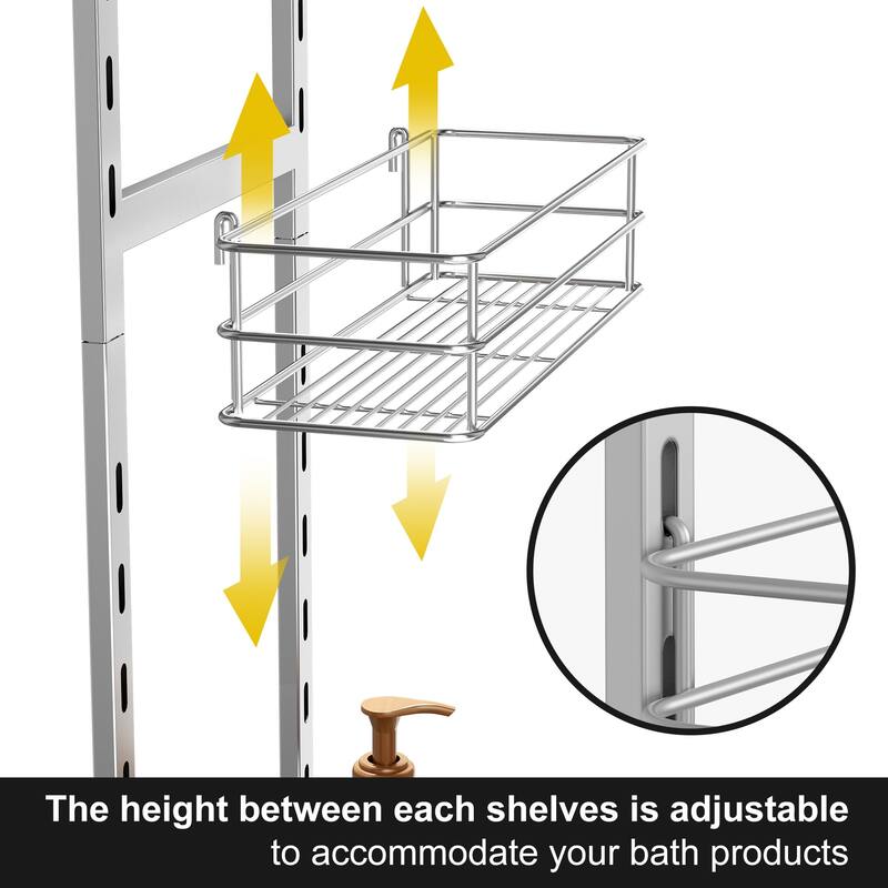 Adjustable Anti-slip Shower Caddy over Shower Head, Rustproof Bathroom Hanging Shower Organizer with 2 Hooks for Razor