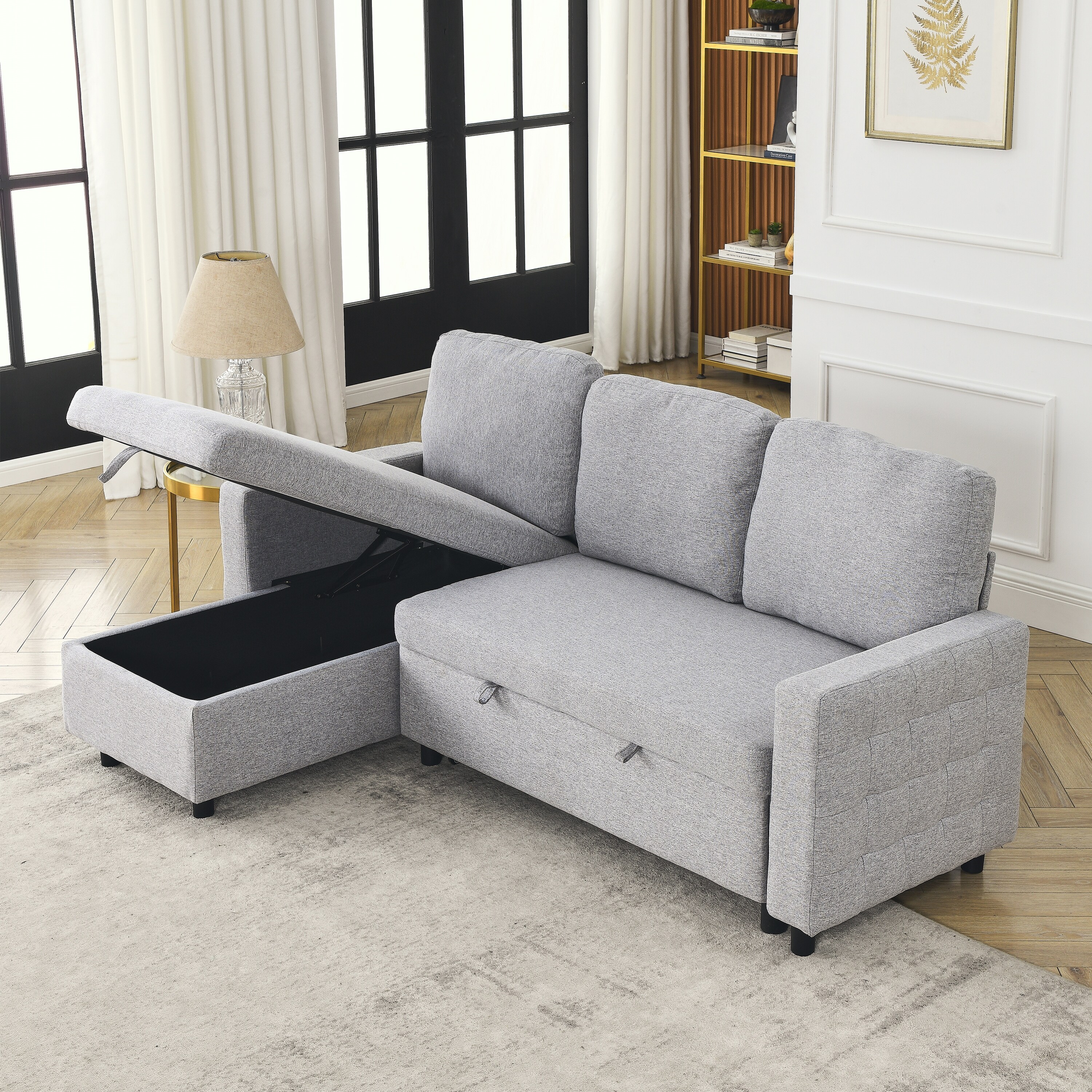 L-shape Sectional Sofa Set Linen Fabric Reversible Sleeper Couch