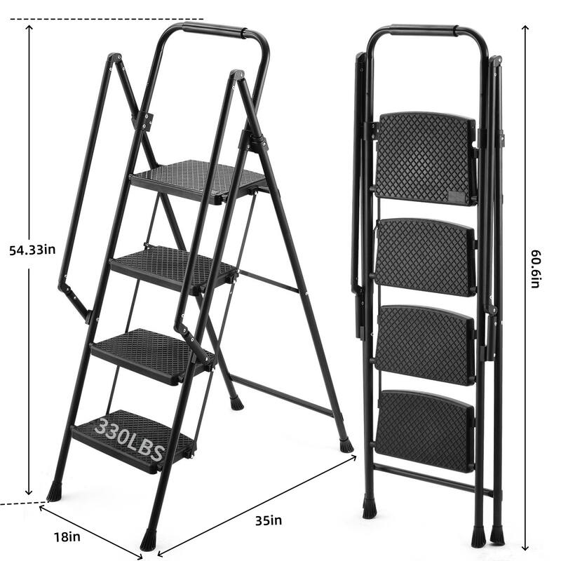 Anmytek 4 Step Folding Ladder with Wide Anti Slip Pedals and Safety Handrail Sturdy Steel Step Stool for Home and Office