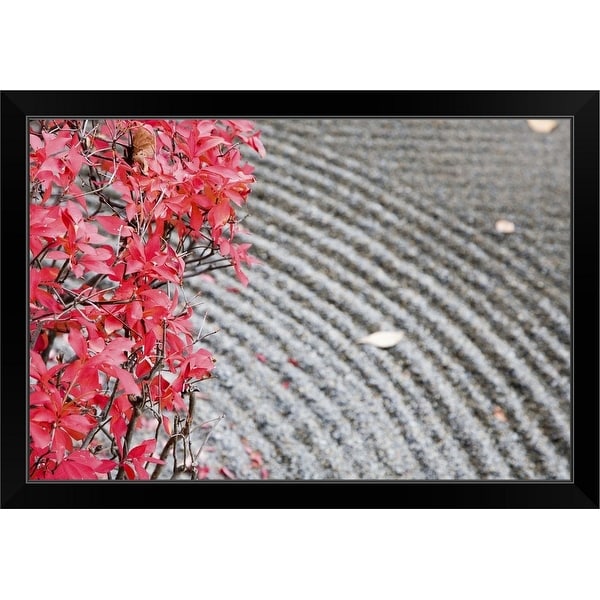 "Zen rock garden with red maple leaves, Zenno-ji Temple" Black Framed Print