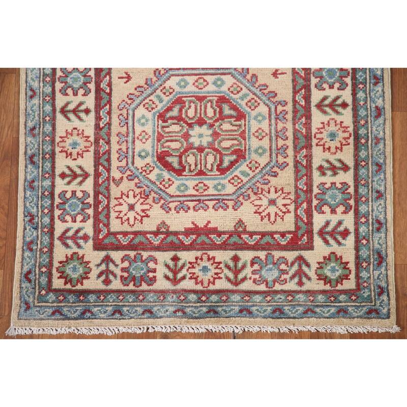 Hand Knotted Oriental 100% Wool Carpet Traditional Geometric Beige & Ivories Kazak Runner Rug - 12' 9'' X 2' 9''