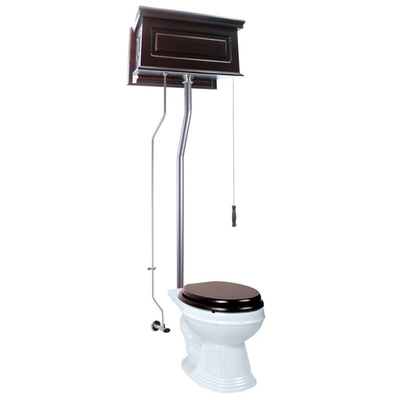 Dark Oak Wooden High Tank Toilet Raised Tank, Elongated White Bowl and Satin L Pipes