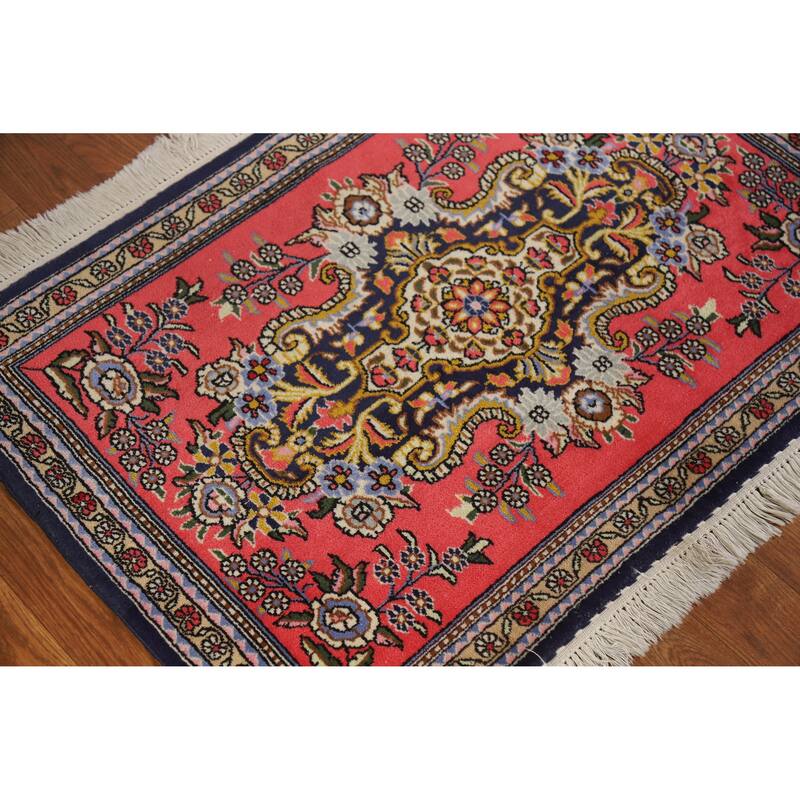 Hand Knotted Oriental Kork Wool Carpet Traditional Medallion Pink Qum Area Rug - 3' 0'' X 2' 1''