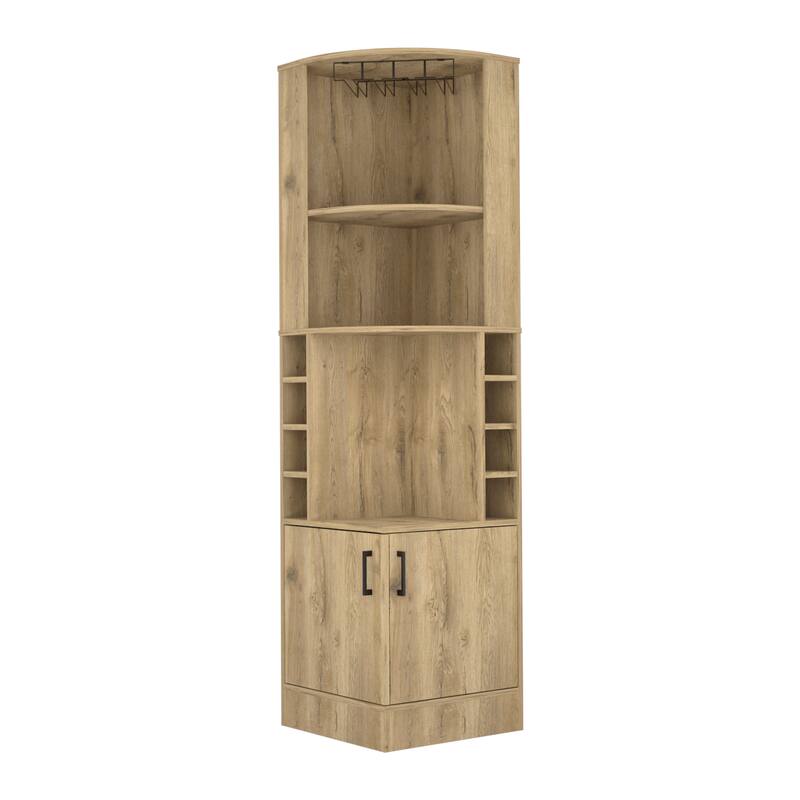 Syrah Corner Bar Cabinet, Eight Bottle Cubbies, Double Door, Two Open Shelves